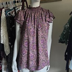 Ricki's Purple and Black Ruched Neck Smocked Cap Sleeve Lined Blouse